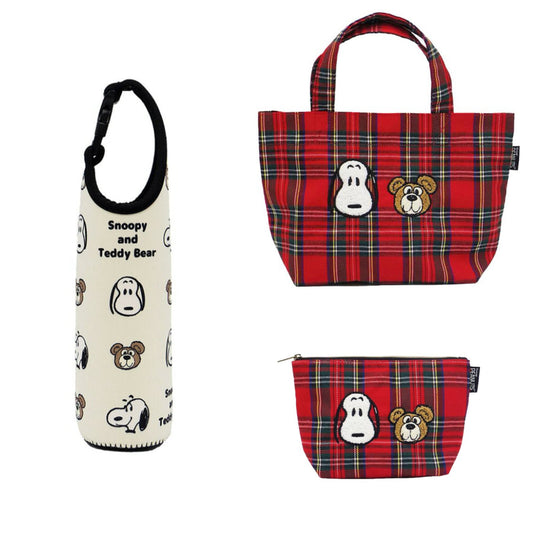 【預訂｜8月】Peanuts Snoopy & Teddy Bear 格仔化妝袋 手提袋 水樽袋